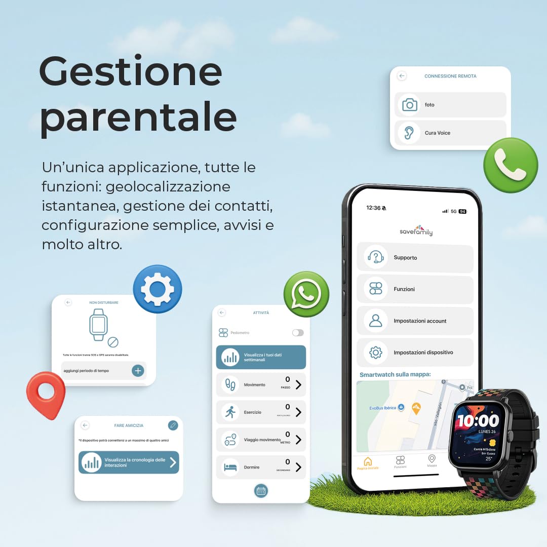 SaveFamily SLIM 4G - Smartwatch per bambini con videochiamata, chiamata, chat, pulsante SOS, cronometro e pedometro. Impermeabilità IP67. Design moderno e discreto