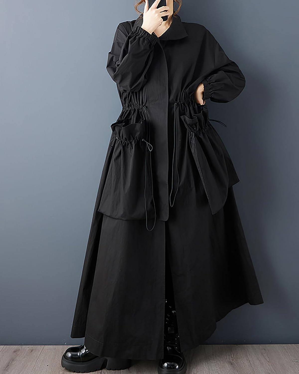 ellazhu Women's Coats Lapel Solid Long Sleeve Zip Up Plus Size Maxi Hem Side Pockets GZ696 A - Image 3