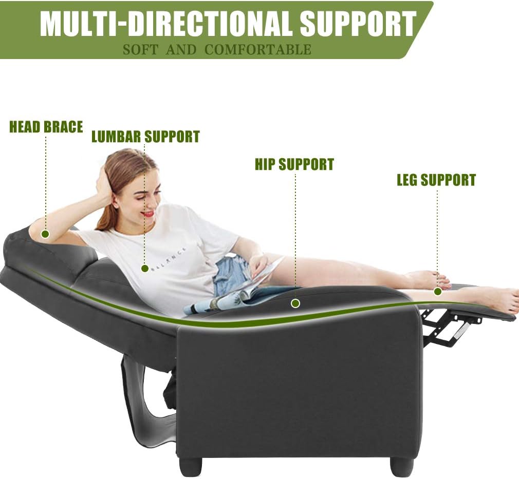 PayLessHere Recliner Chair Single Reclining Sofa Home Theater Seating with Lumbar Support and Padded Backrest for Living Room and Bedroom (Leather, Dark Black)