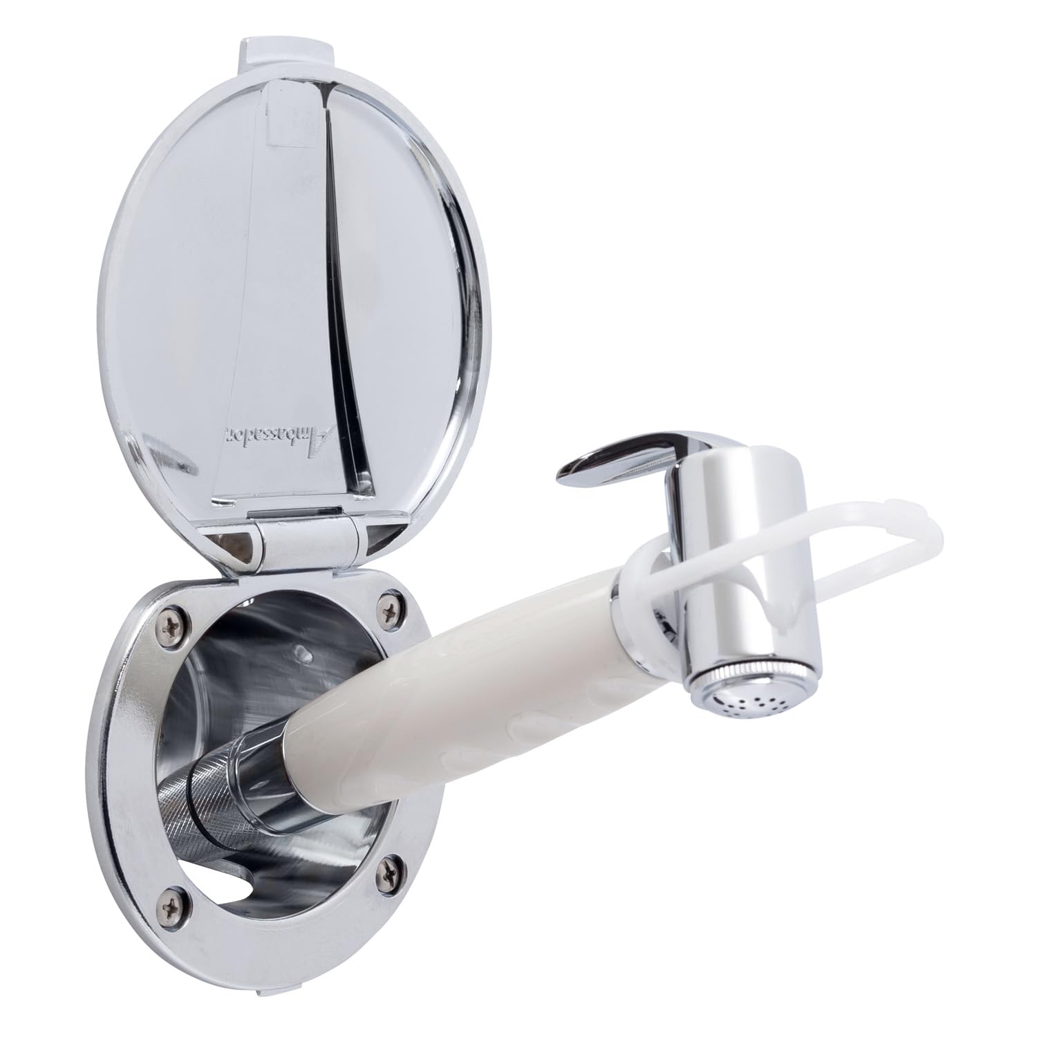 Recessed Shower- Chrome Cup & Lid, Hammer-Head Warm White Sprayer, 6' White Rubber Hose - 136-0012-CW-W