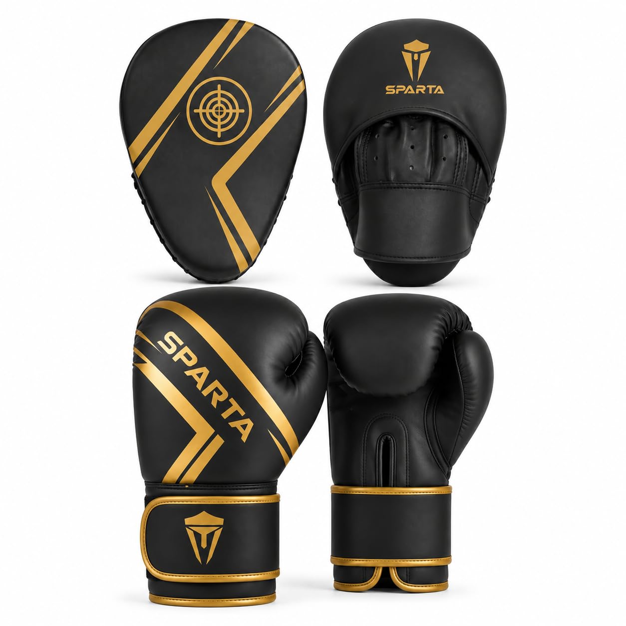 Boxing gloves and pads set Focus Punch Mitts MMA Training Sparring Hook and Jab strike target with Punching Gloves (Black/Matte Gold, 10oz)