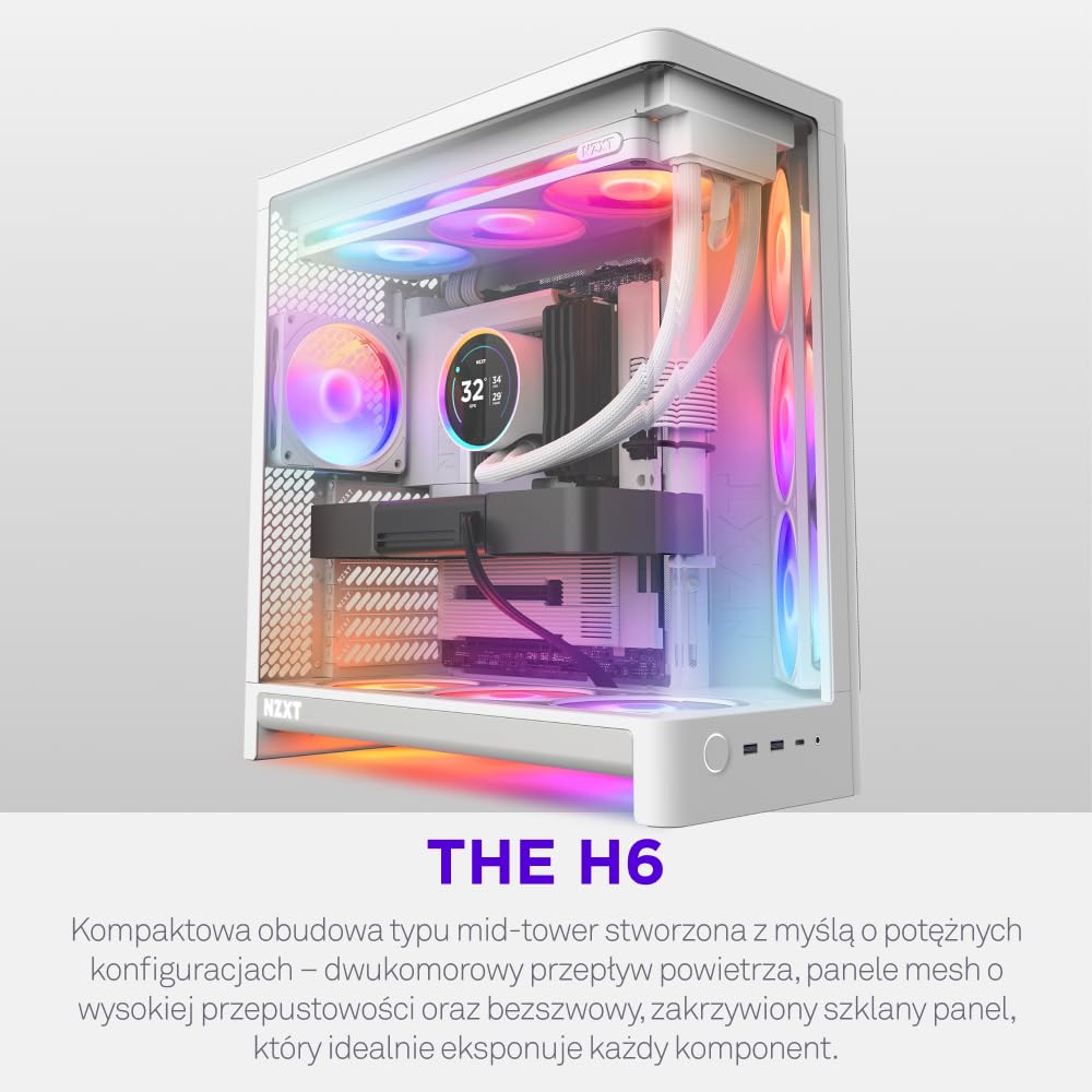 NZXT H6 - Kompaktowa Obudowa PC ATX Dwukomorowa - Biały | Dwukomorowa obudowa ATX na 10 wentylatorów 120mm i chłodnice 360mm, zgodna z płytami głównymi back-connect.