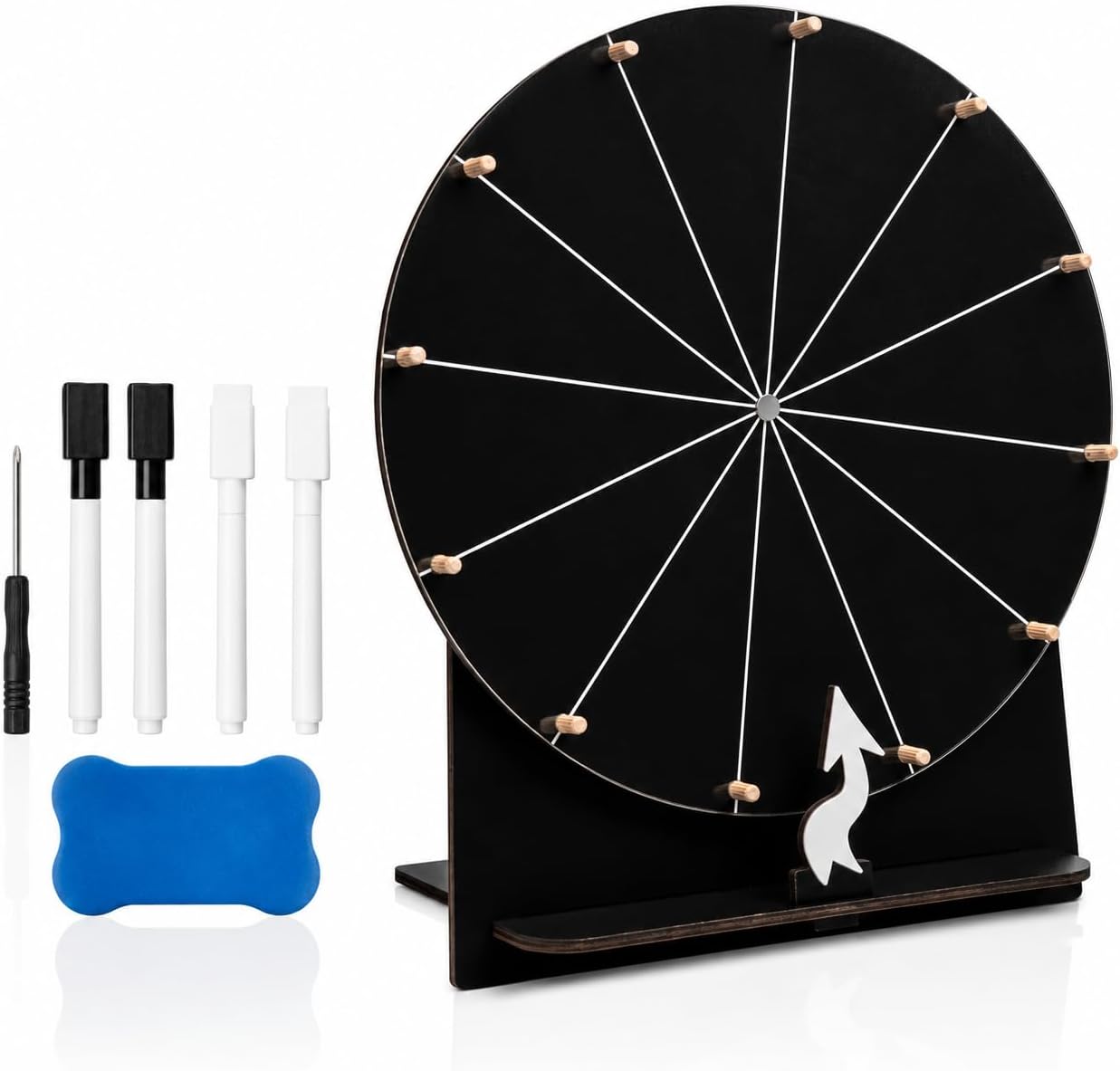 SWANGSA 11.4 Inch Wooden Spinning Wheel with Stand, Black Prize Wheel | Tabletop Erasable Spinner Raffle Roulette for Wedding, Home Parties, Trade Show, Fortune Game, Carnival Events