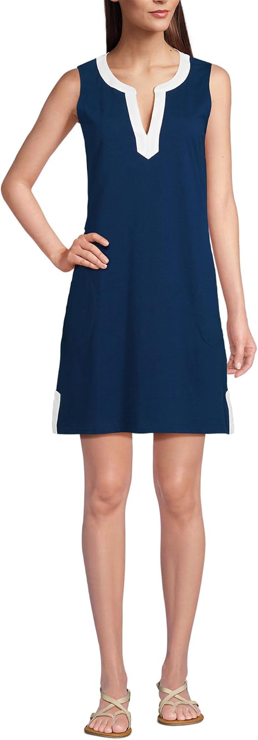 Lands' End Women's Cotton Jersey Notch Neck Dress with Soutache