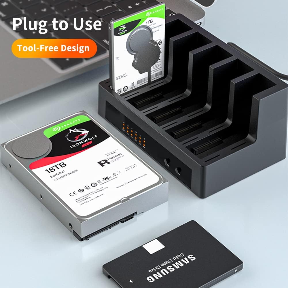 isheep 5-Bay Docking Station with a 2.5 inch SSD being inserted into a bay, and a 3.5 inch HDD next to it, illustrating tool-free design