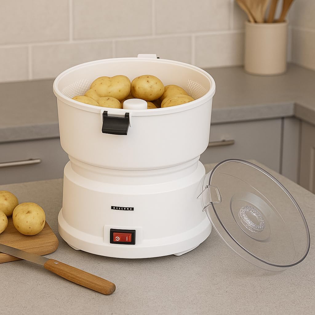 MELISSA 16220008 Electric Potato Peeler in a kitchen setting, with potatoes inside and the lid open.