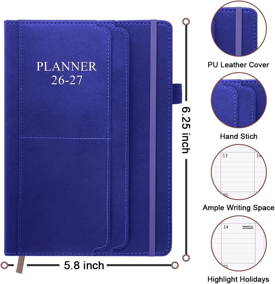 2026-2027 Planner - Weekly & Monthly Planner Runs from July 2026 to Dec 2027, 5.8" x 8.25", 18 Months Planners, 14 Notes Pages, Inner Pocket, PU Leather Hard Cover, Blue Monthly Planners 2026-2027 image 4