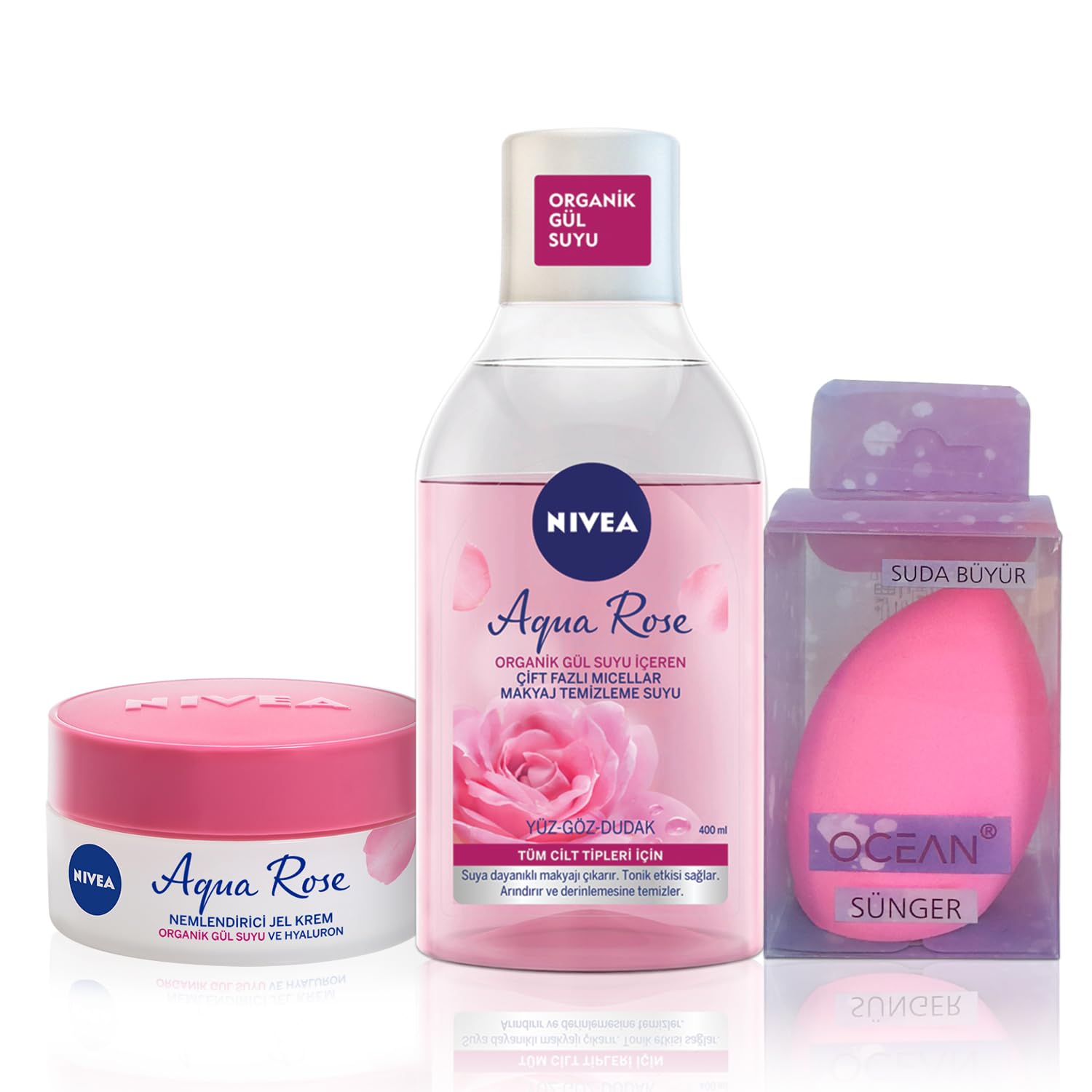 NIVEA Aqua Rose Micellar Çift Fazlı Makyaj Temizleme Suyu 400ml Ve Nemlendirici Krem 50ml, Sünger Hediye