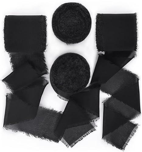 Socomi Cinta de seda negra hecha a mano con flecos de gasa de 1-34 pulgadas x 7 yardas, 4 rollos de cintas deshilachadas para invitaciones de boda,