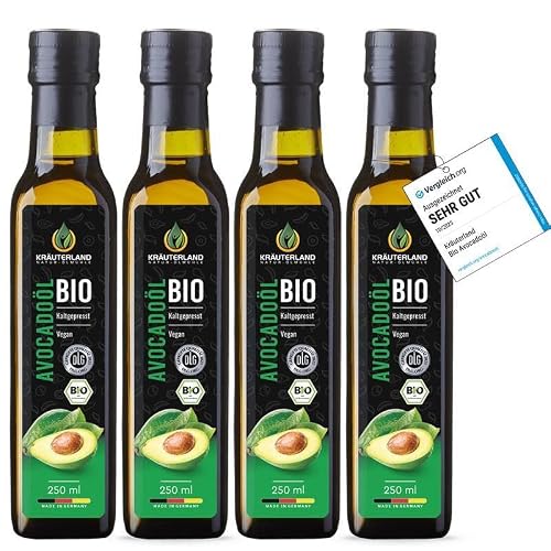 Kräuterland Bio Avocadoöl 4X250ml (1L), Kaltgepresst, naturrein ohne Zusatzstoffe, Vegan & GVO-frei, geeignet für Haut & Haare, Premium Qualität