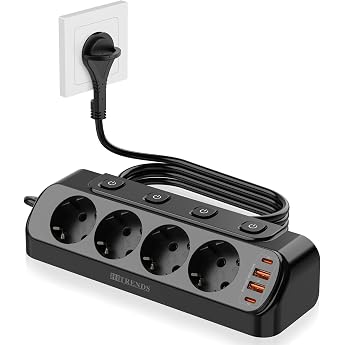Table Socket with USB 8-in-1 Socket Distributor Flat Plug with 3 m Cable for Smartphones 4-Way Switchable 2 USB-C 2 USB-A Power Strip Desk Individually Switchable Black