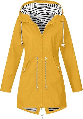 tuduoms Womens Active Outdoor Rain Jacket Waterproof Lightweight Hooded Trench Rain Coat Plus Size Windbreaker Long Jacket
