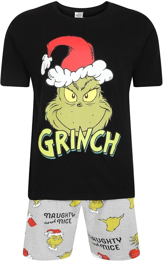 Mens The Grinch Short Pyjama Set Christmas PJ Night Wear Naughty & Nice
