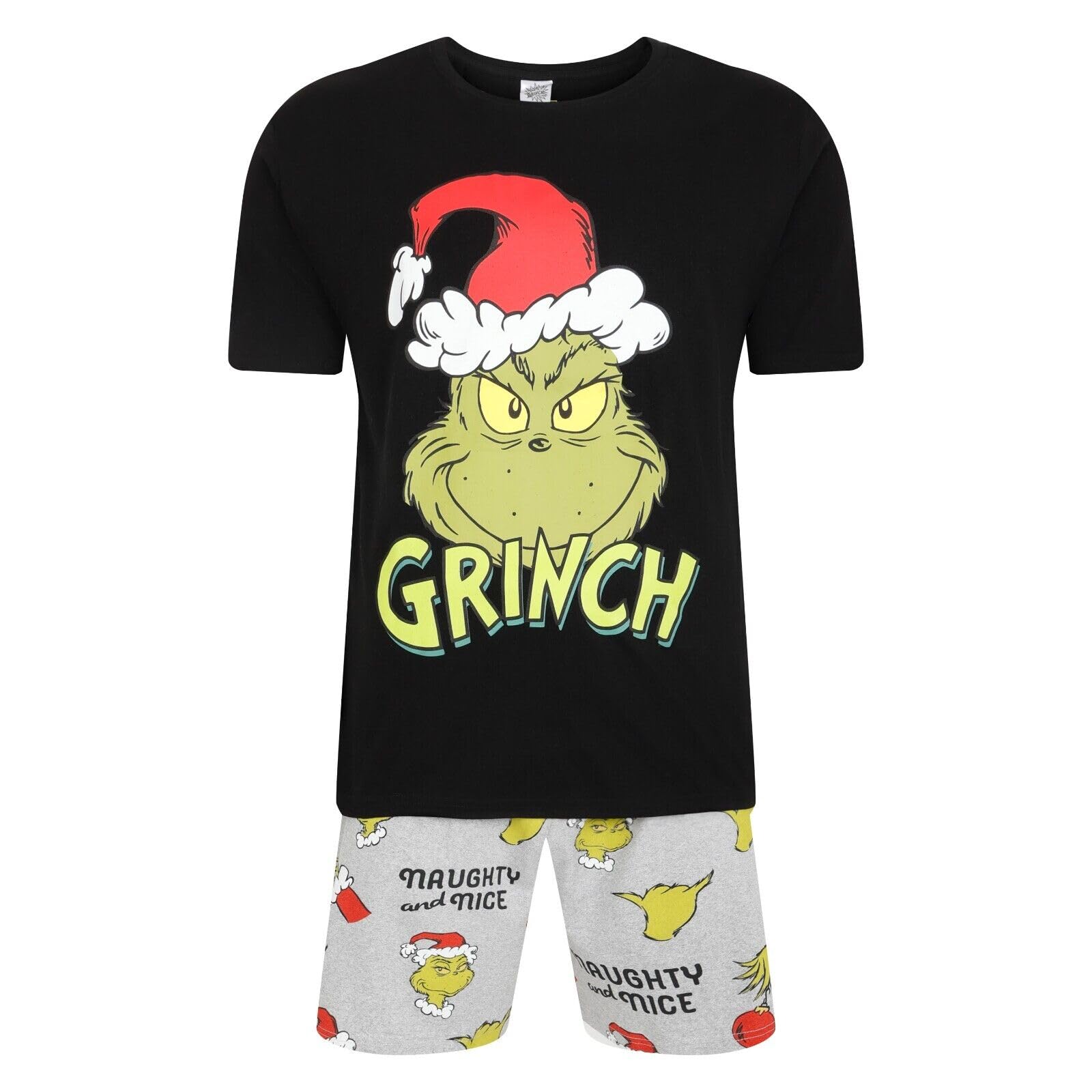 Label Cutters Mens The Grinch Short Pyjama Set Christmas PJ Night Wear Naughty & Nice Them...