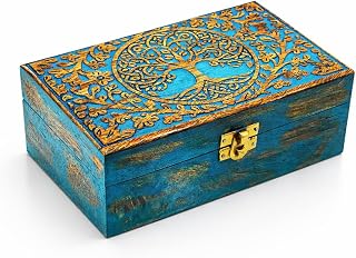 DOLLOND & CO. Handmade Wooden Tree of Life Keepsake Box – Rustic Jewelry & Trinket Organizer for Men & Women | Vintage Storage Box with Brass Fittings & Engraved Design (Blue Tree of Life)