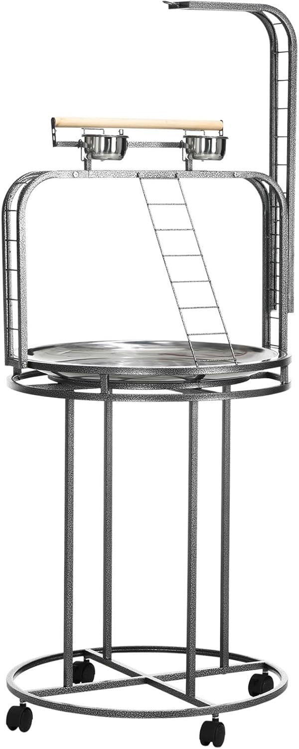 Parrot Stand Large Bird Playstand with Toy Hook & 3 Ladders, Removable Tray & Stainless Steel Bowls, Wrought Iron Bird Play Ground Rolling Stand for Conures, Cockatoos