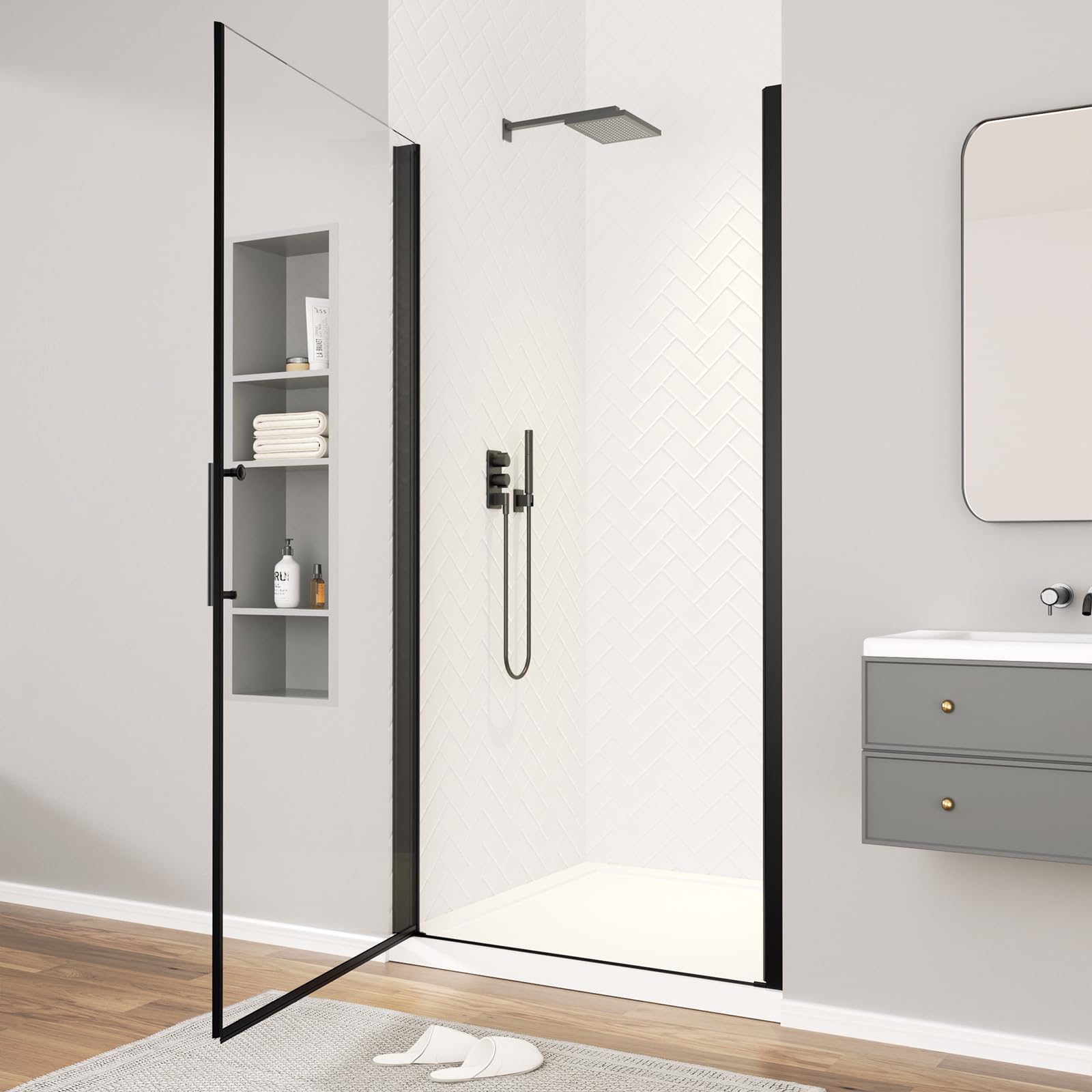 Puerta de ducha pivotante sin marco, 30-31.5 pulgadas de ancho x 72 pulgadas de alto, puerta pivotante de vidrio templado transparente de 6 mm, ancho ajustable, instalación reversible, negro mate