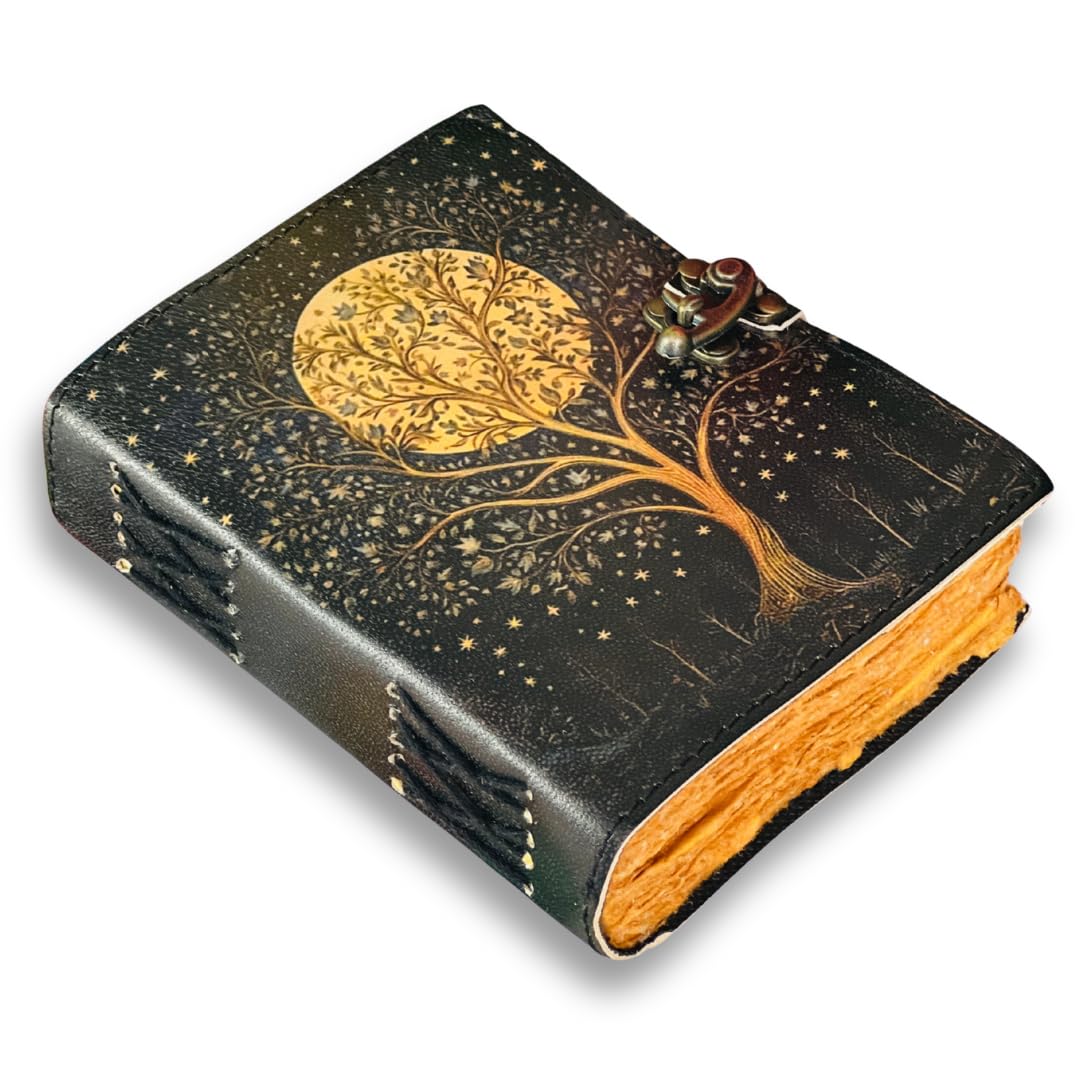 Tree of Life Leather Travel journal For Women with lock Premium Print - 7"X5" 200 Vintage Deckle Paper - Journal for men - Leather Bound Journals for women Best New Job Gifts for Women & Men Moon Tree — image 1