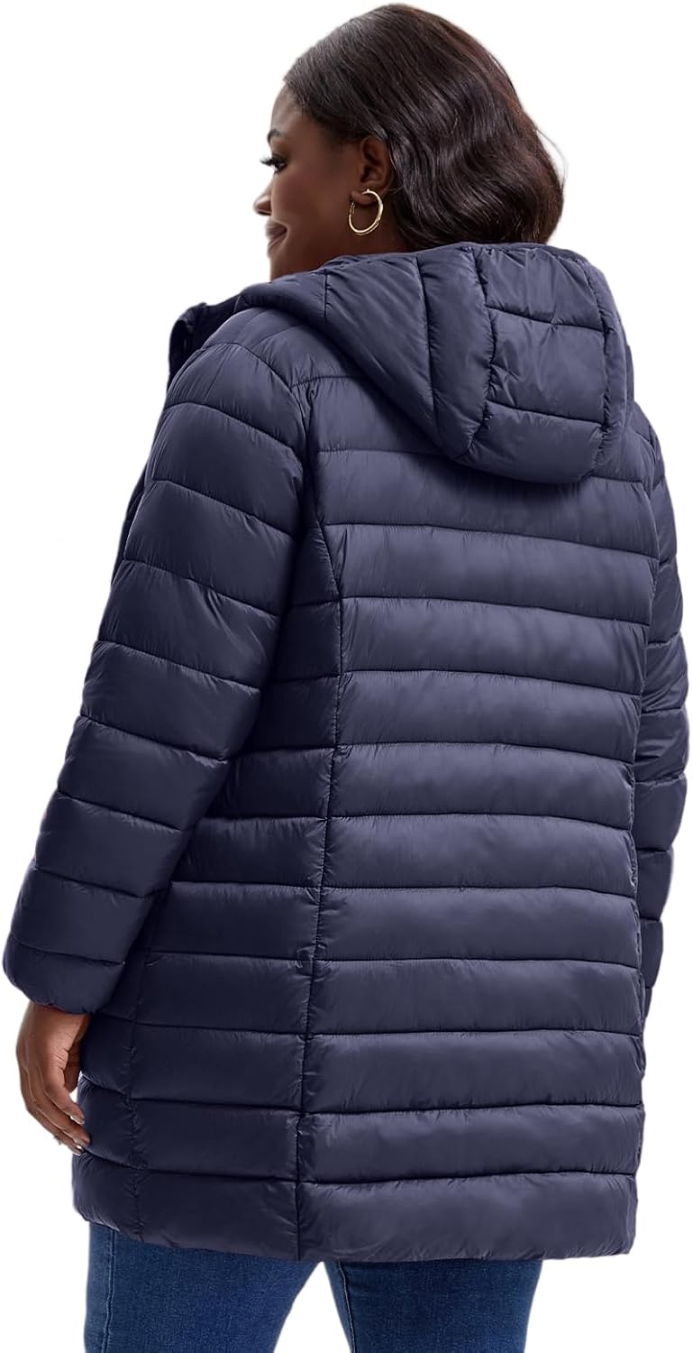 Women Plus Size Puffer Jacket 1X-7X Water-Resistant Mid-Length Winter Coat Lightweight Packable Puffer Coat - Image 3