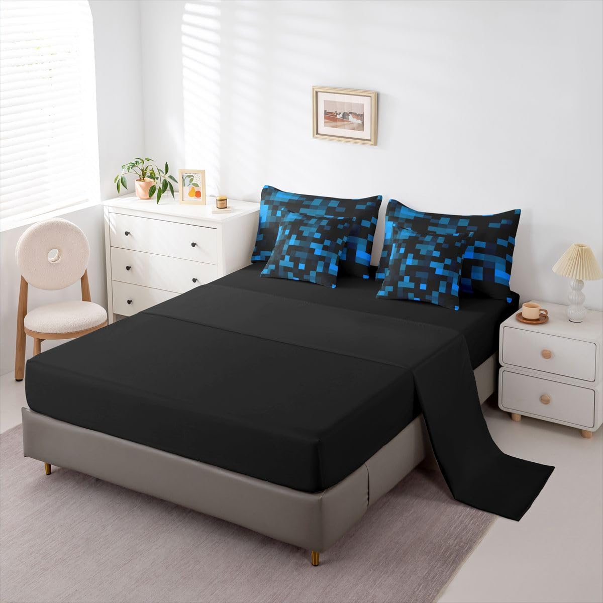 jejeloiu Pixelated Neon Blue Black Twin Size Comforter Set with Sheets，Pillowcases & Cushion Cover 7 Piece Bedding Set Super Soft Kids Girls Boys Bedroom Decor Gamepad Grid Bed in a Bag