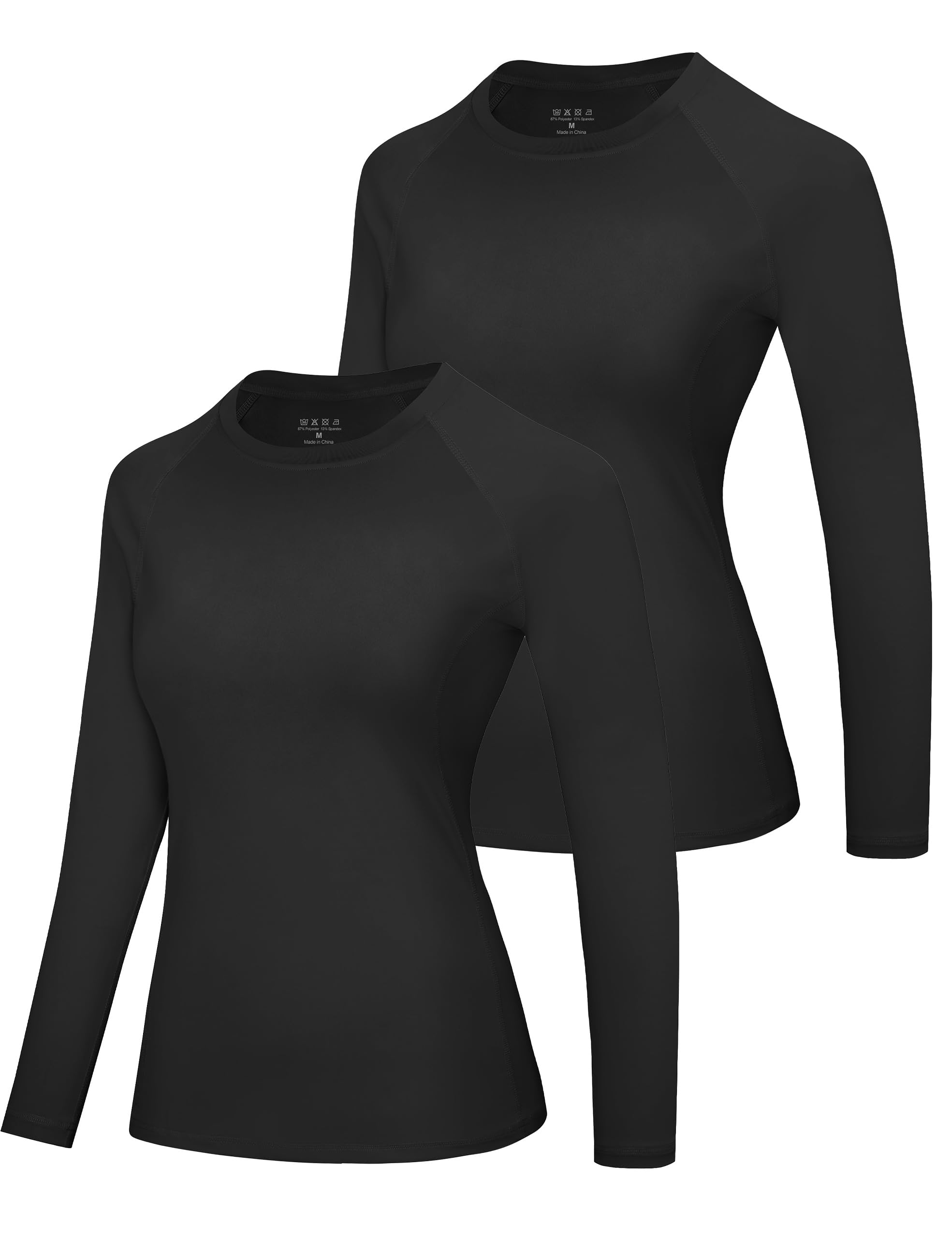 WISMBOX Sportshirt Damen Langarm 1er/2er-Pack, Kompressionsshirt für Sport | Schnelltrocknendes Stretchmaterial, Rundhals, Raglanärmel, Flachnähte & etikettenfrei, für Laufen, Yoga, Pilates & Training