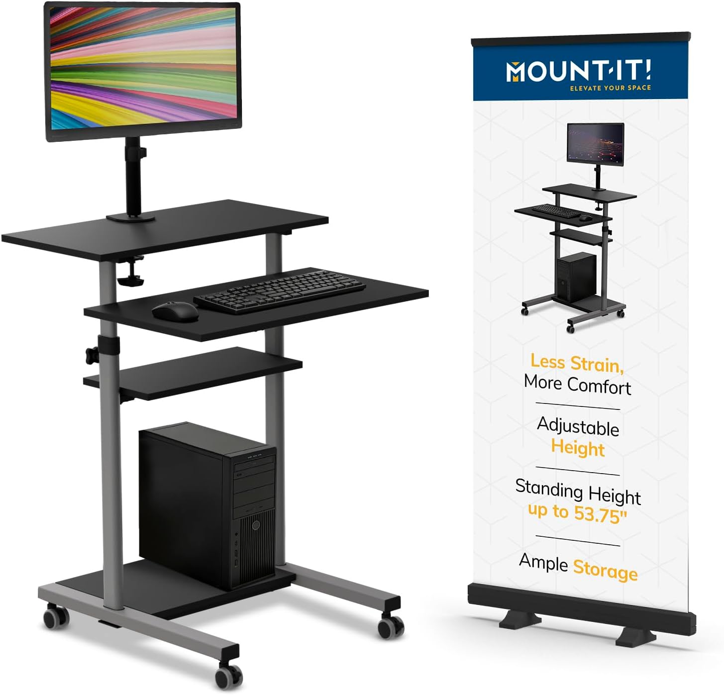 Mount-It! Mobile Computer Cart with Monitor Mount for Screen up to 32", Portable Desk on Wheels, Rolling Laptop Stand Teachers, Office, Classroom, Rise up to 53", Projector, Podium, Keyboard Tray