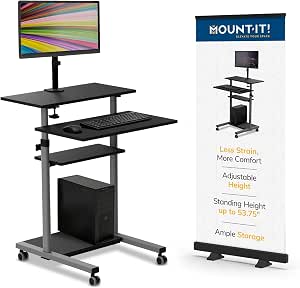 Mount-It! Mobile Computer Cart with Monitor Mount for Screen up to 32", Portable Desk on Wheels, Rolling Laptop Stand Teachers, Office, Classroom, Rise up to 53", Projector, Podium, Keyboard Tray