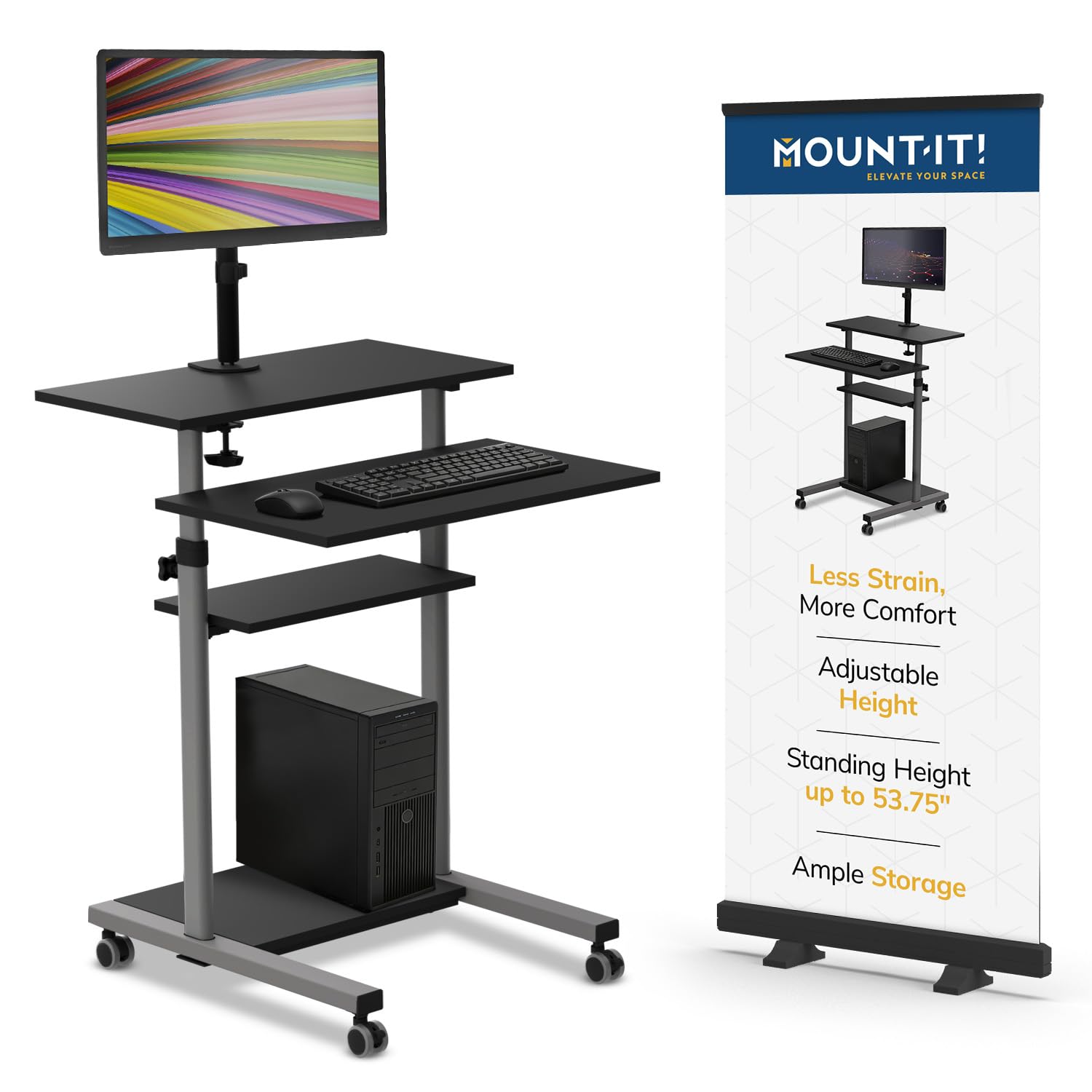 Mount-It! Mobile Computer Cart with Monitor Mount for Screen up to 32", Portable Desk on Wheels, Rolling Laptop Stand Teachers, Office, Classroom,