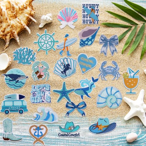 24Pcs Coastal Cowgirl Iron on Patches Blue Beach Embroidered Patches Summer Ocean Applique Patches Heat Press Embroidery Patches for Clothes Hats Bags Jeans Dress Shirts DIY Accessories by loghohu - Used condition - Image 6