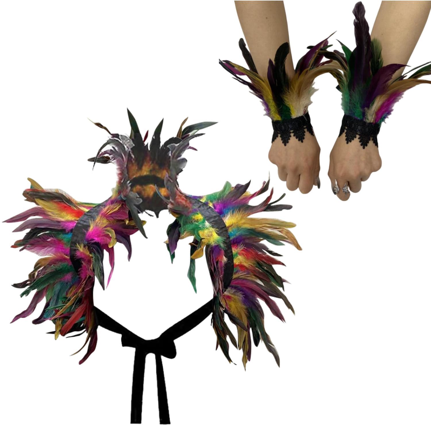 Gothic Feather Cape with Wrist Cuffs Medieval Shawl Shrug Feather Shoulder Armor Evil Cloak Shoulder Piece Wrap Wings Halloween Carnival Costume Mardi Gras Fancy Dress for Halloween Cosplay Party