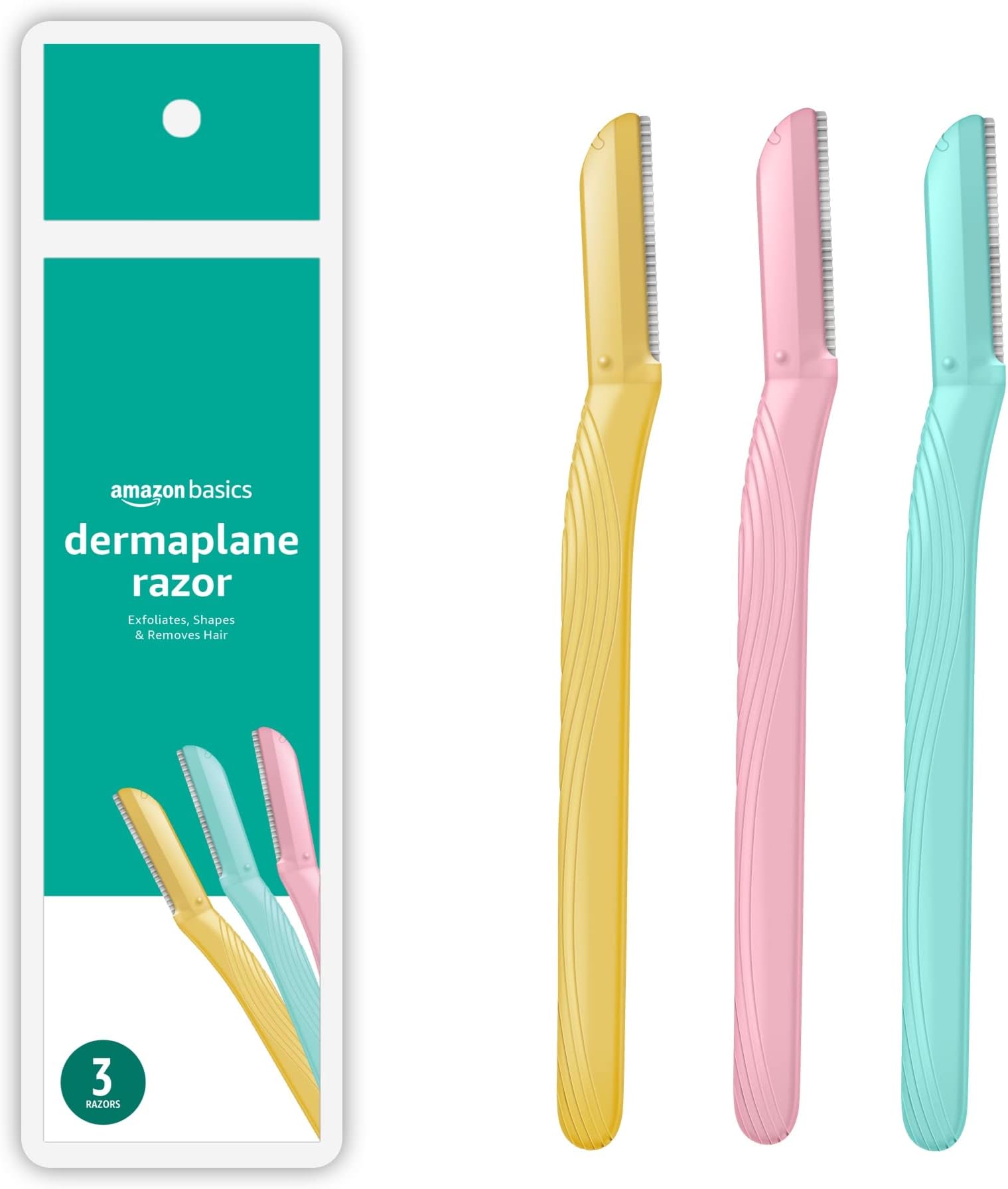 Amazon Basics Women's Dermaplaning Tool, Peach Fuzz Remover, Facial Hair Removal, Exfoliating Face Razor with Microguard Blade for Safe Eyebrow Shaping, Includes Blade Cover, Multicolor, 3 Count