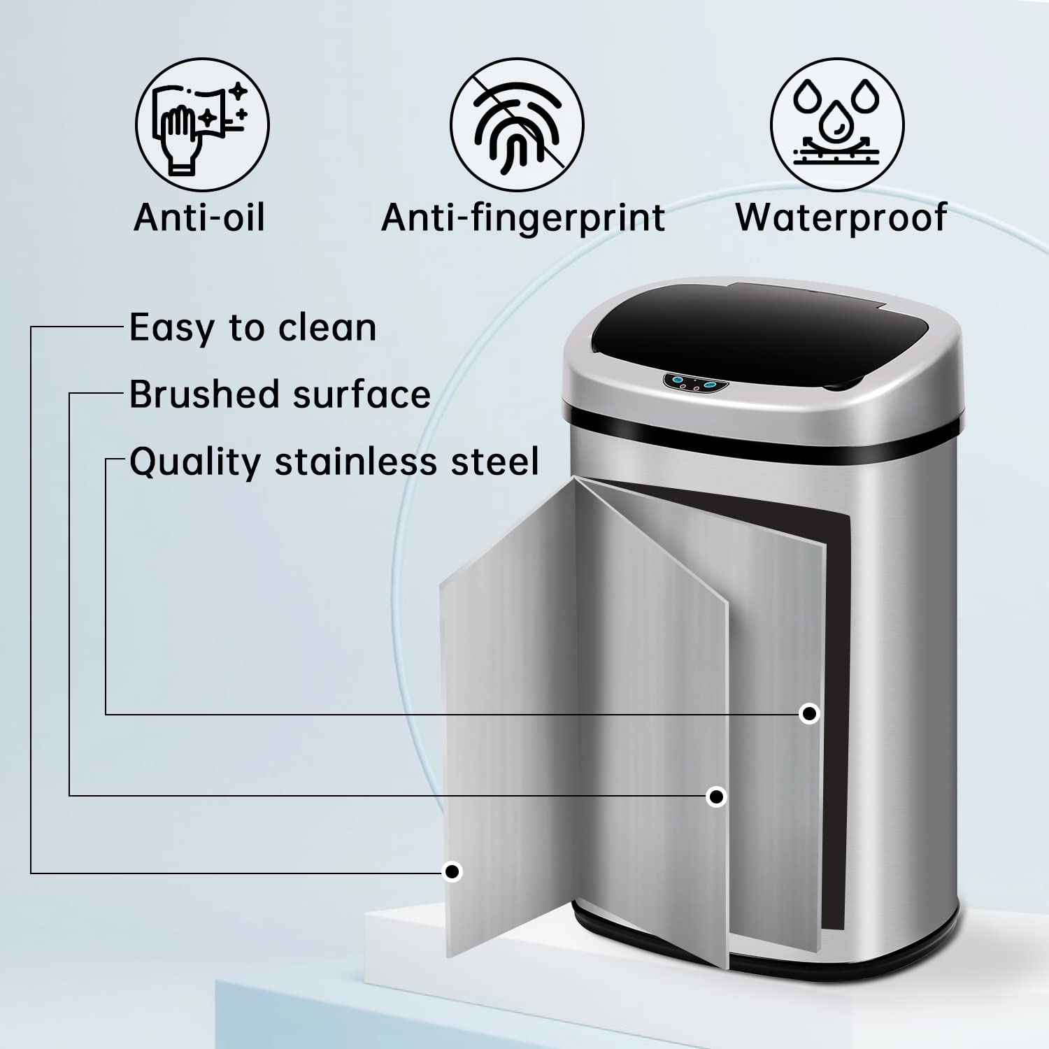 13 Gallon Trash Can Automatic Kitchen Garbage Can Easy-Clean 50L Stainless Steel Brushed Motion Sensor Waterproof with Lid for Bathroom Office (Sliver)
