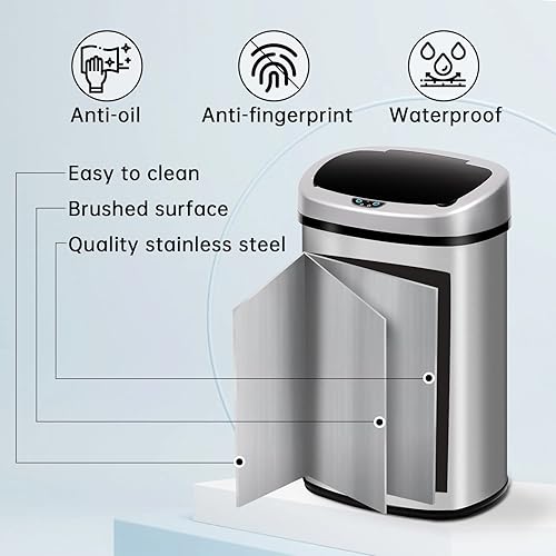 Miniatura 4 de GINMAON Bote de basura automático de acero inoxidable de 13 galones con tapa, cubo de basura cepillado de gran capacidad con sensor de movimiento,