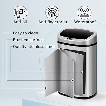 13 Gallon Trash Can Automatic Kitchen Garbage Can Easy-Clean 50L Stainless Steel Brushed Motion Sensor Waterproof with Lid for Bathroom Office (Sliver)