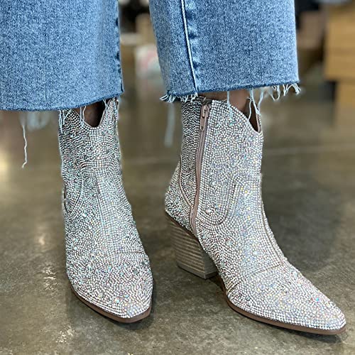 Yallmay Women's Cowboy Boots Cowgirl Ankle Boots Western Rhinestones Boots Square Toe Low Chunky Heel Pull On Cowboy Party Boots For Women #TOP5
