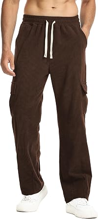 Suwangi Men's Baggy Cargo Corduroy Pants Casual Drawstring Elastic Waist Straight Leg Vintage Sweatpants for Men with Pockets