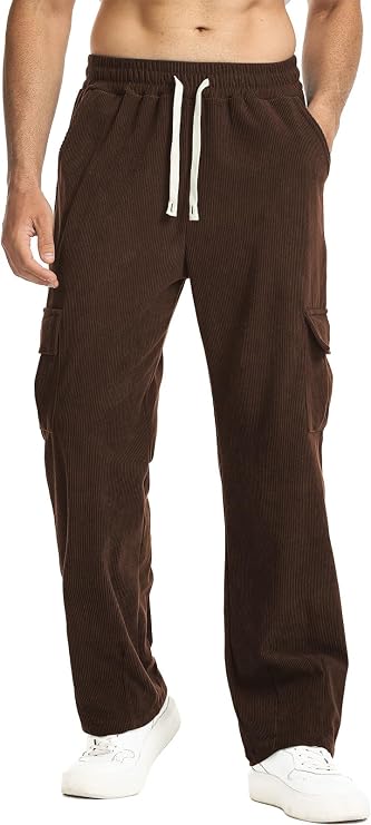 Suwangi Men's Baggy Cargo Corduroy Pants Casual Drawstring Elastic Waist Straight Leg Vintage Sweatpants for Men with Pockets