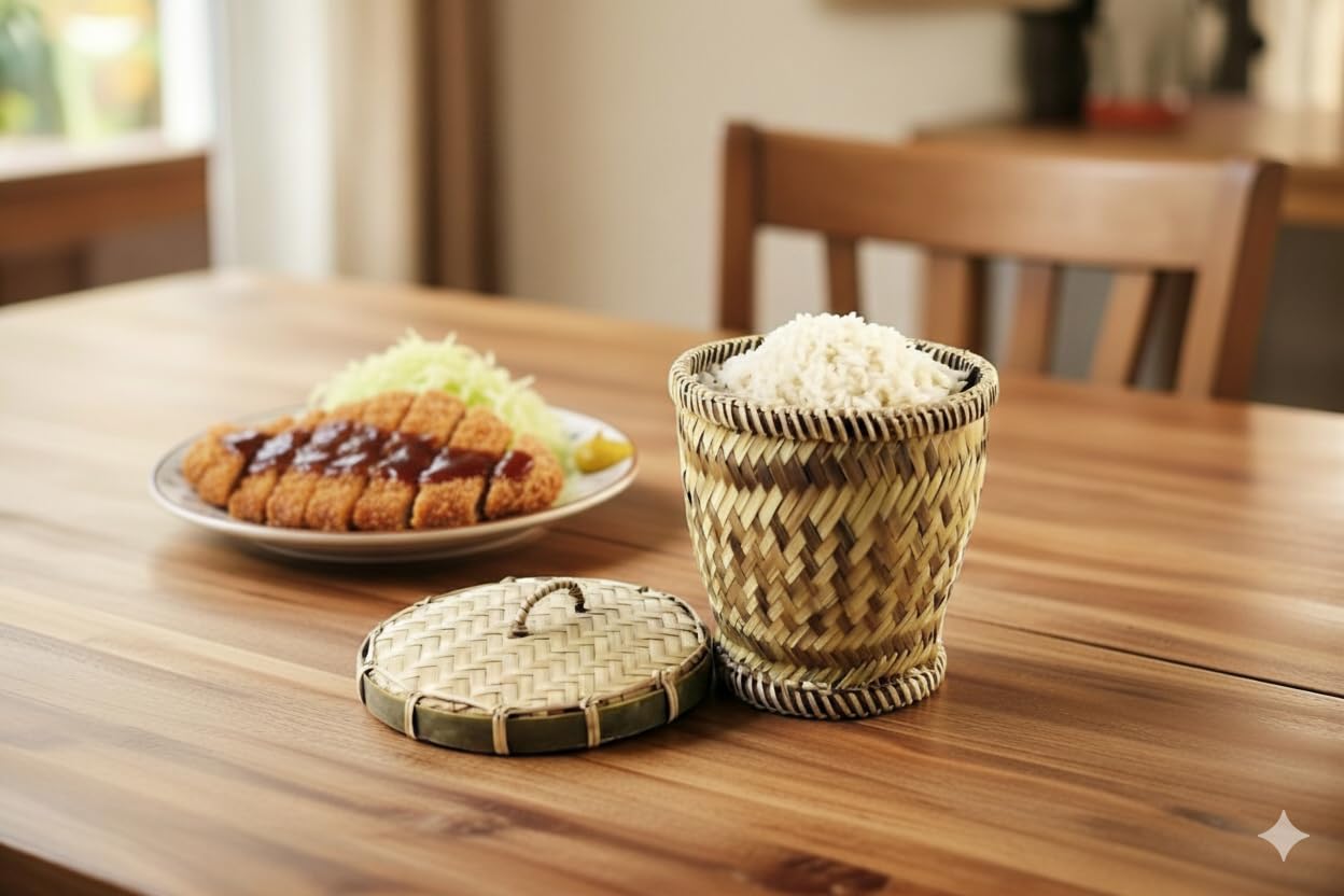 Thai Bamboo Sticky Rice Steamer Basket con coperchio e tazza, tradizionale contenitore in vimini intrecciato a mano per riso al vapore, supporto naturale per alimenti caldi e conservati per cucina