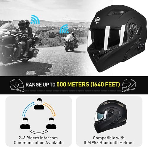 Miniatura 3 de ILM - Casco de motocicleta con Bluetooth, modular, abatible, de cara completa, doble visera, MP3, intercomunicador, radio FM, aprobado por el DOT,