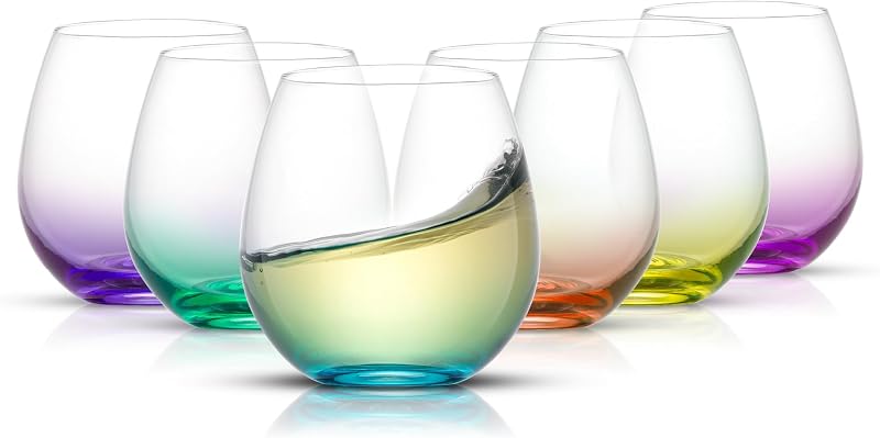 JoyJolt Hue Juego de copas de vino sin tallo, copas de vino grandes sin tallo de 15 oz, juego de 6 para blanco rojo o agua, vasos de vidrio cortos, copas de margarita sin tallo, vaso de color