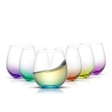 JoyJolt Hue Stemless Wine Glass Set, Large 15 oz Stemless Wine Glasses Set of 6 for White Red or Water, Short Glass Tumblers, No Stem Margarita Glasses, Colored Tumbler