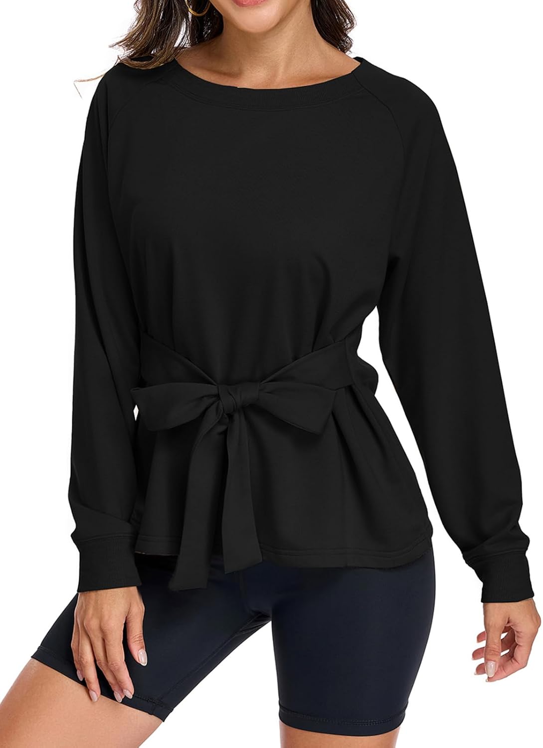 Women's Long Sleeves Shirt Tops Crew Neck Tie Knot Sweatshirt Tops Casual Fall Loose Fit Cropped Top Pullover - Image 2