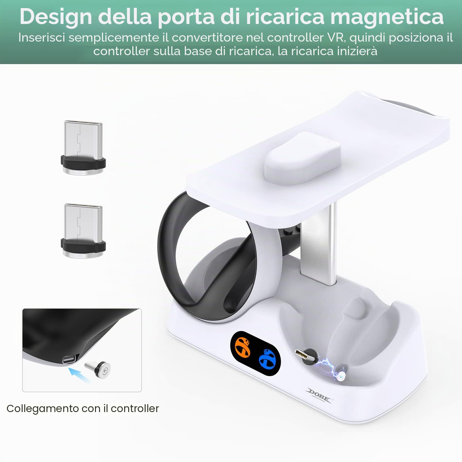 FASTSNAIL Doppio supporto di ricarica per PS VR2, stazione di ricarica controller per cuffie da gioco PSVR2 con porta USB-C magnetica, accessori da gioco per PS5