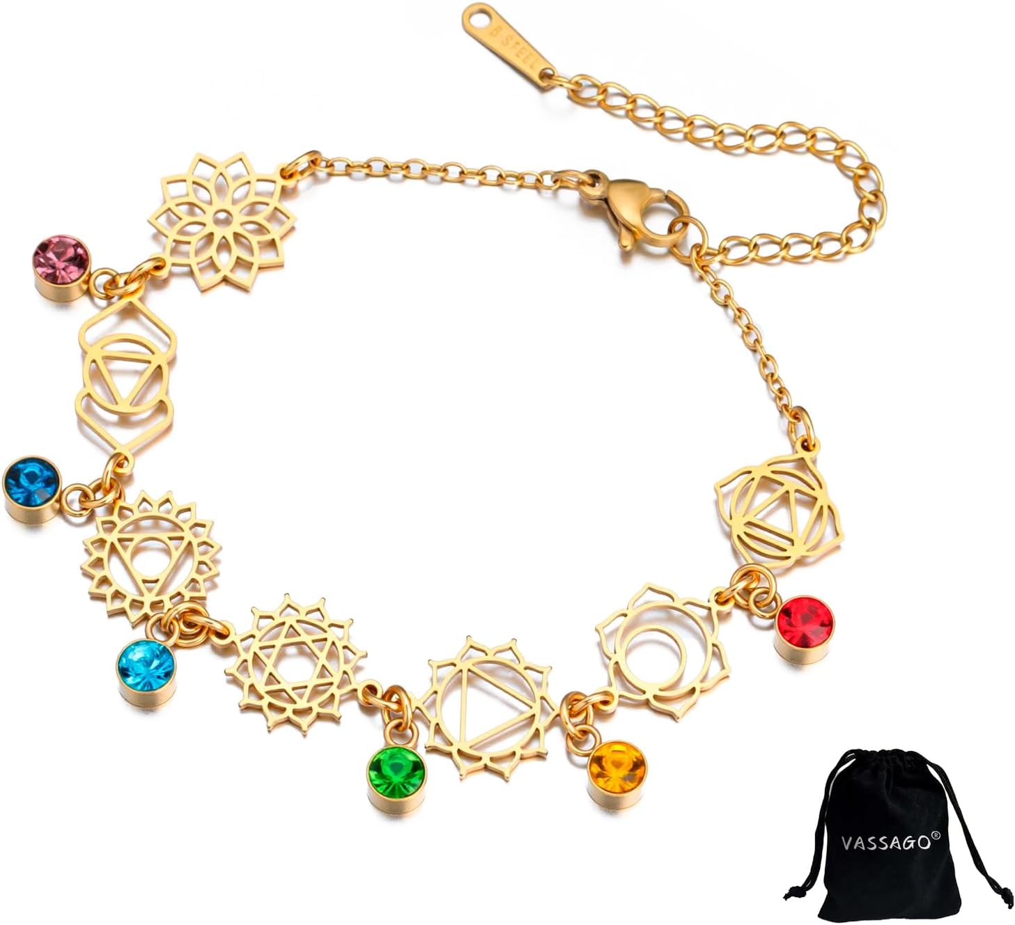 VASSAGO Chakra Bracelet for Women Stainless Steel 7 Chakras Charms Yoga Wrist Reiki Healing Bracelet Adjustable Sacred Geometry Jewelry for Women Friends Sister
