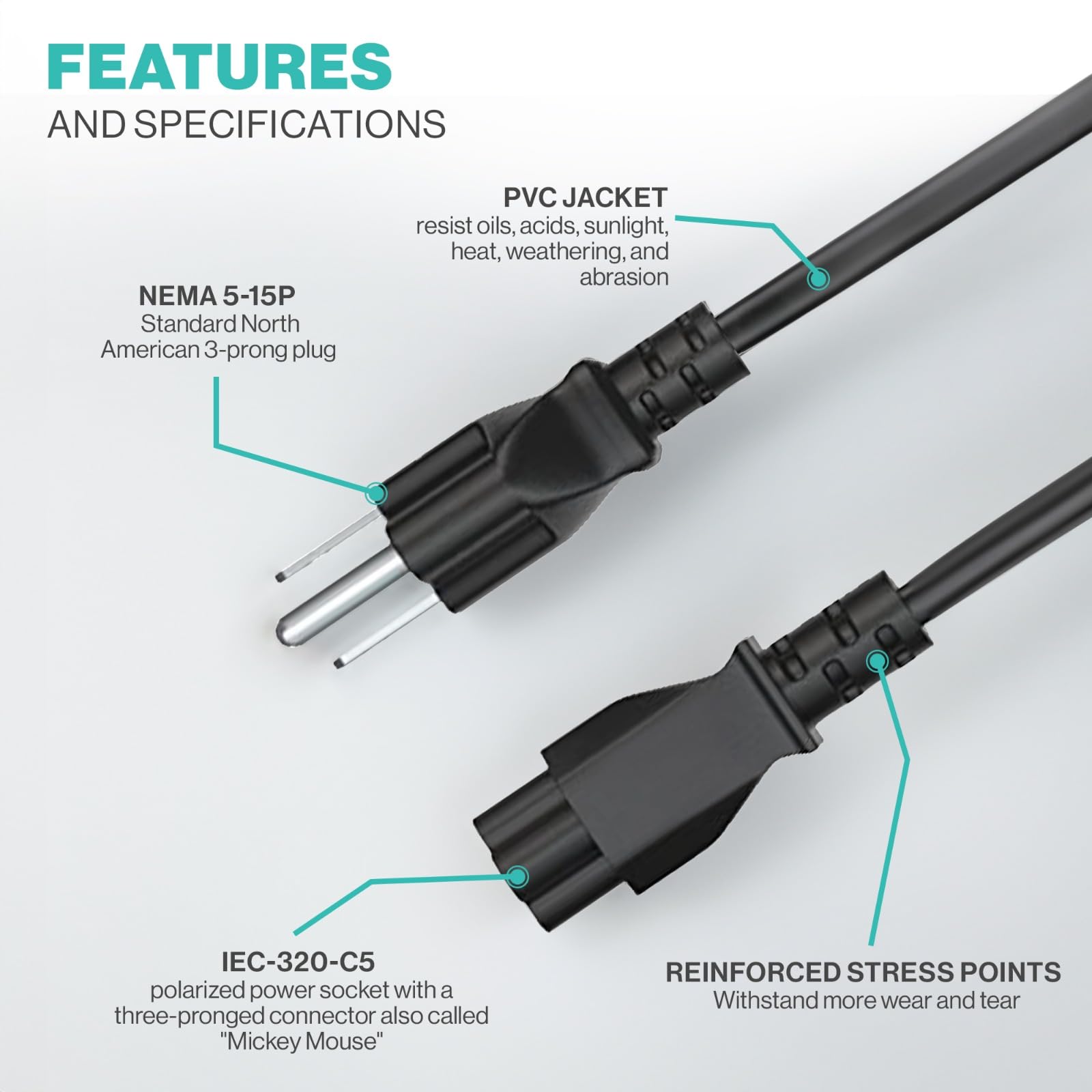 Cavo di alimentazione universale per computer portatile 3 pin 125 V per Dell HP LG, Lenovo, Asus, Acer, Toshiba, Sony, computer portatili, monitor, stampanti, scanner NEMA 5-15P a C5