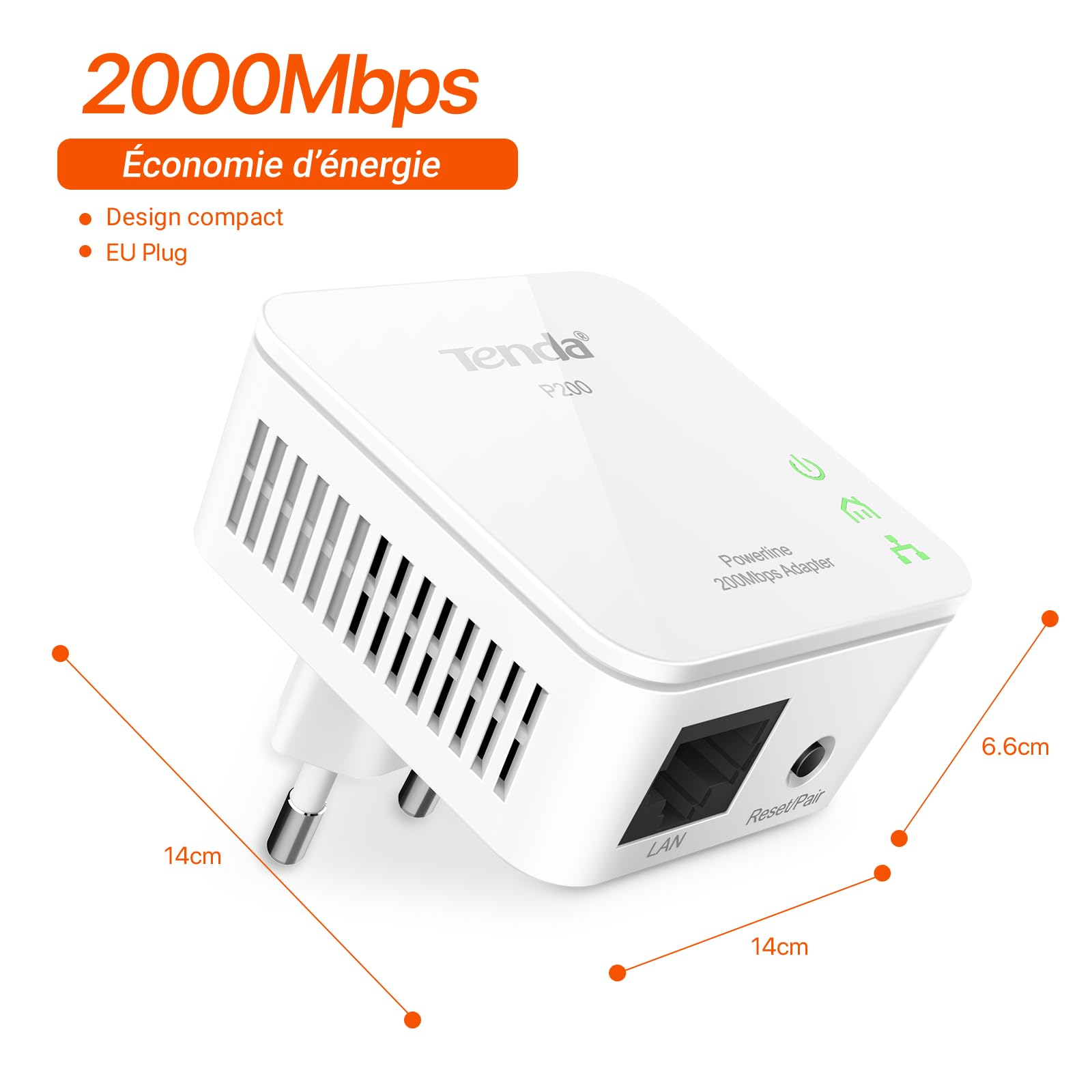 Tenda P200 Kit CPL AV200 Mbps, Prises CPL Fibre avec Port Ethernet, HomePlug AV, Plug & Play, Économie d’Énergie