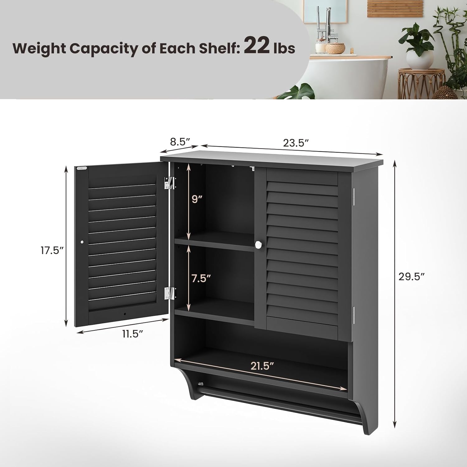 LOKO Bathroom Medicine Cabinet, Storage Cabinet with Double Louvered Doors, Wall Mounted Cabinet with Open Shelf & Towel Bar, Over The Toilet Space Saver Cabinet for Living Room Kitchen (Black)