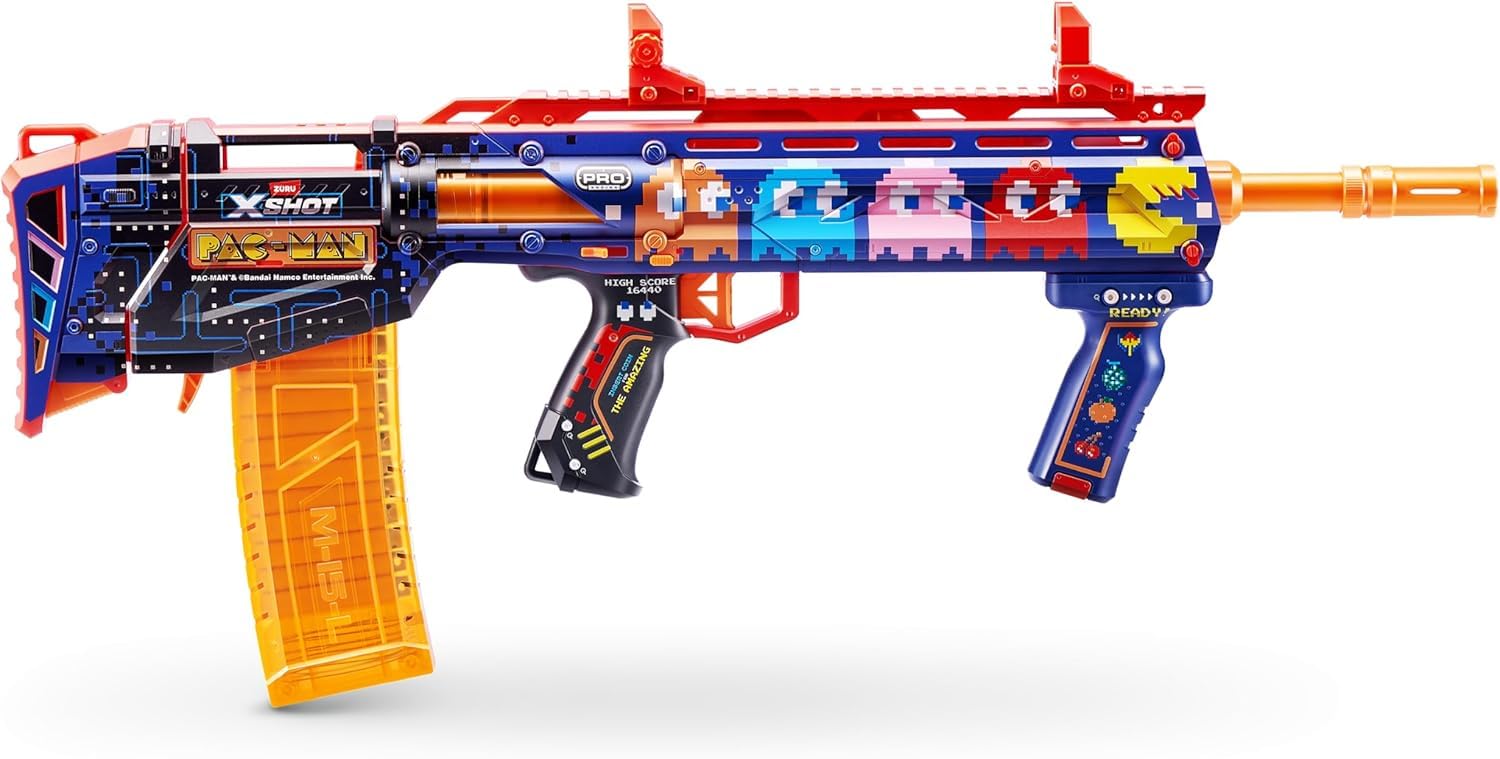 XSHOT Skins Pro Pac Man Long Shot Blaster, 40 dardos, Slam Fire, piel retro, 2 clips rápidos, munición de longitud media y completa, tecnología de espuma de bolsillo de aire, alcance de 66 pies
