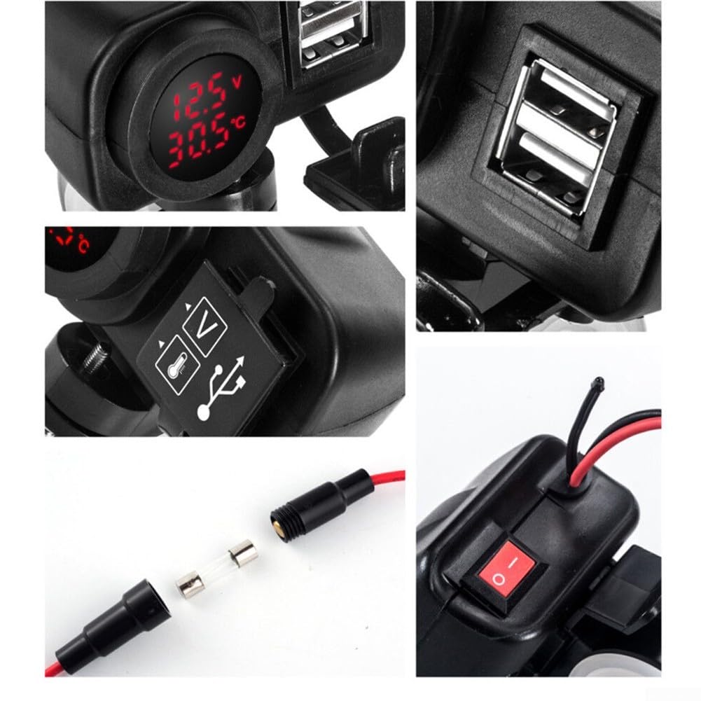 Chargeur USB double étanche avec voltmètre intégré et thermomètre pour moto