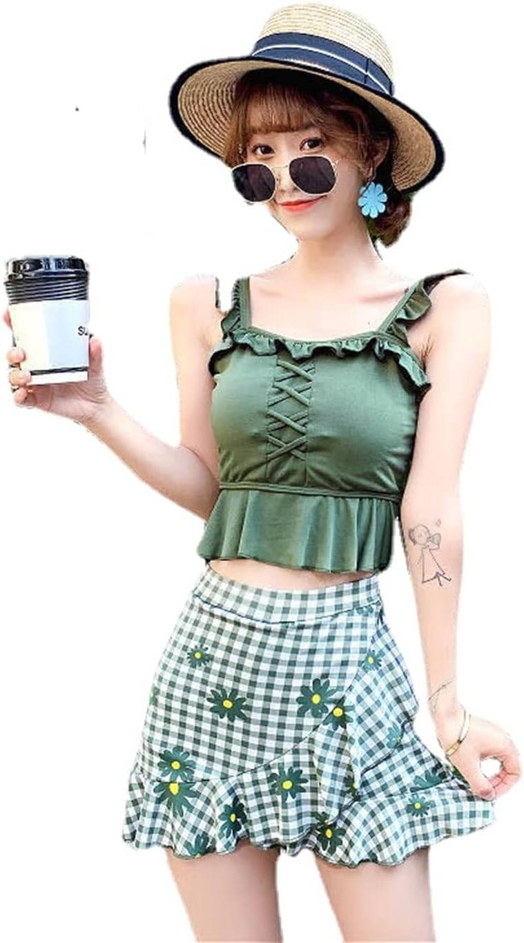 [Lhyxuuk] 水着 レディース ビキニ ビスチェ風 花柄 チェック スカート 2点セット 学生 水着 女子 中学生 高校生 みずぎ ハイウエスト フレア フリル スカート ノンワイヤー パッド付き
